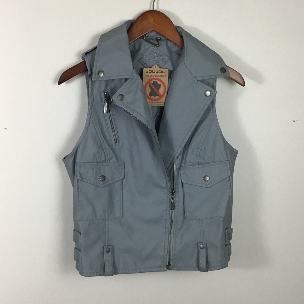 Brand new JOU JOU grey vegan leather moto vest Women’s size large pockets zips